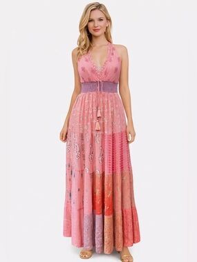 26427 Bohemian Pink Patchwork Halter Maxi Dress